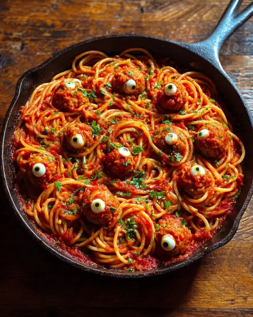 A spooky dish of bloody spaghetti with mozzarella eyeballs for Halloween.