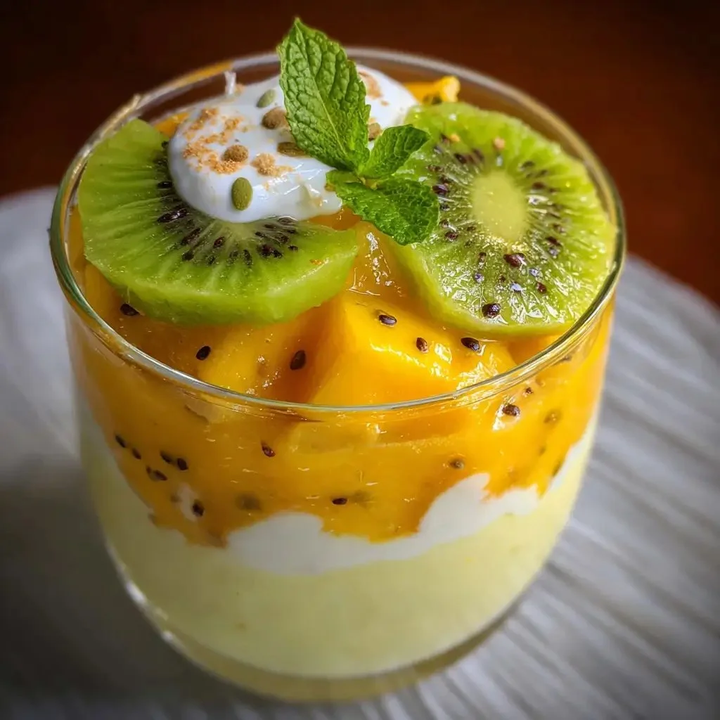 Bright and colorful kiwi mango parfait in a glass with layers of fruit and yogurt