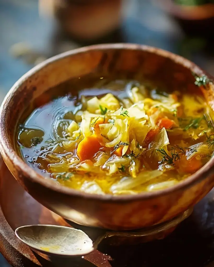 A bowl of healthy cabbage fat-burning soup garnished with herbs