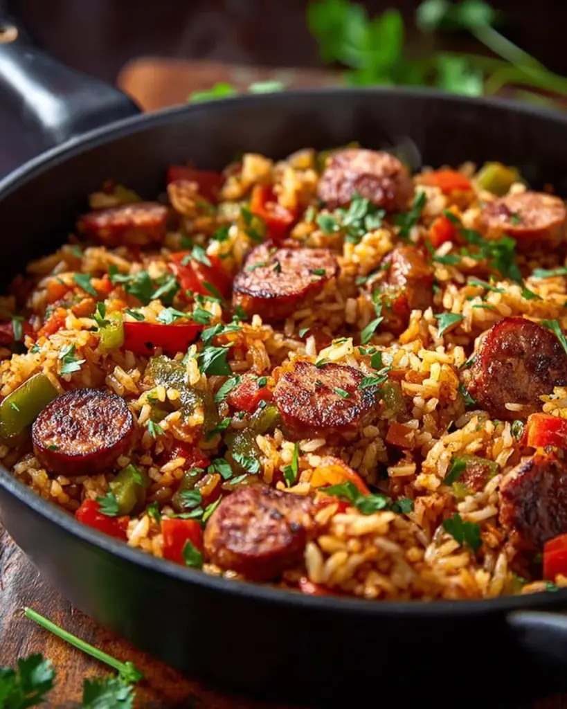 A delicious plate of Cajun sausage and rice garnished with green onions.