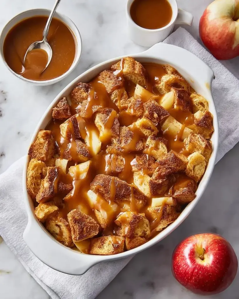 Caramel Apple Stuffed French Toast Casserole with apples and caramel topping.