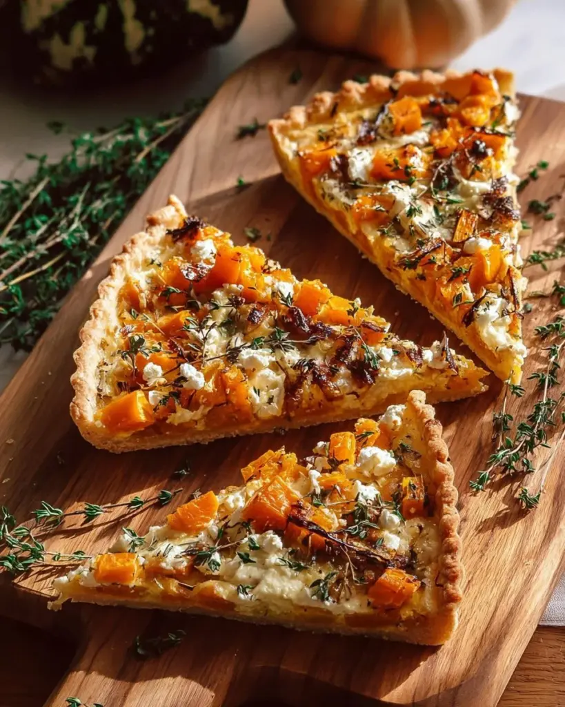 Caramelized Onion Butternut Squash Tart served on a plate with fresh herbs