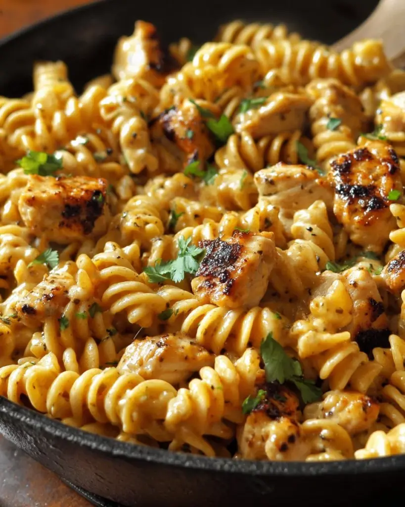 Cheesy Cajun Garlic Chicken Rotini Skillet topped with herbs and spices