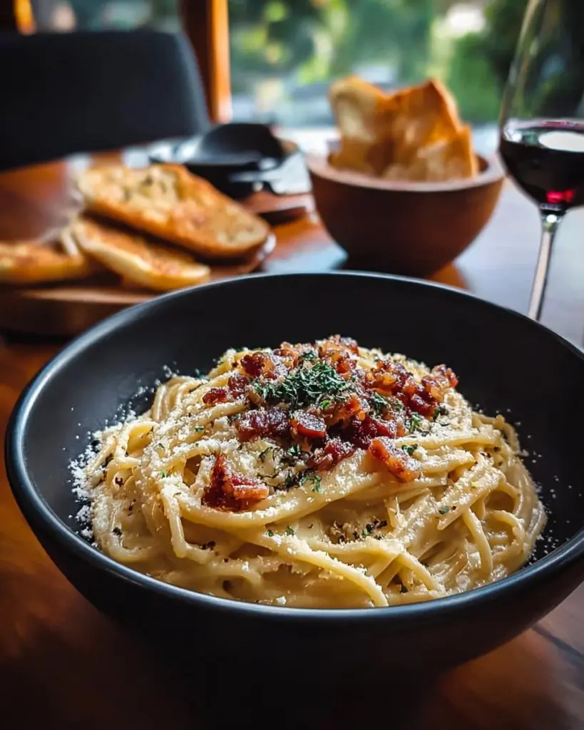 Delicious classic Bacon Carbonara pasta served in a bowl topped with crispy bacon