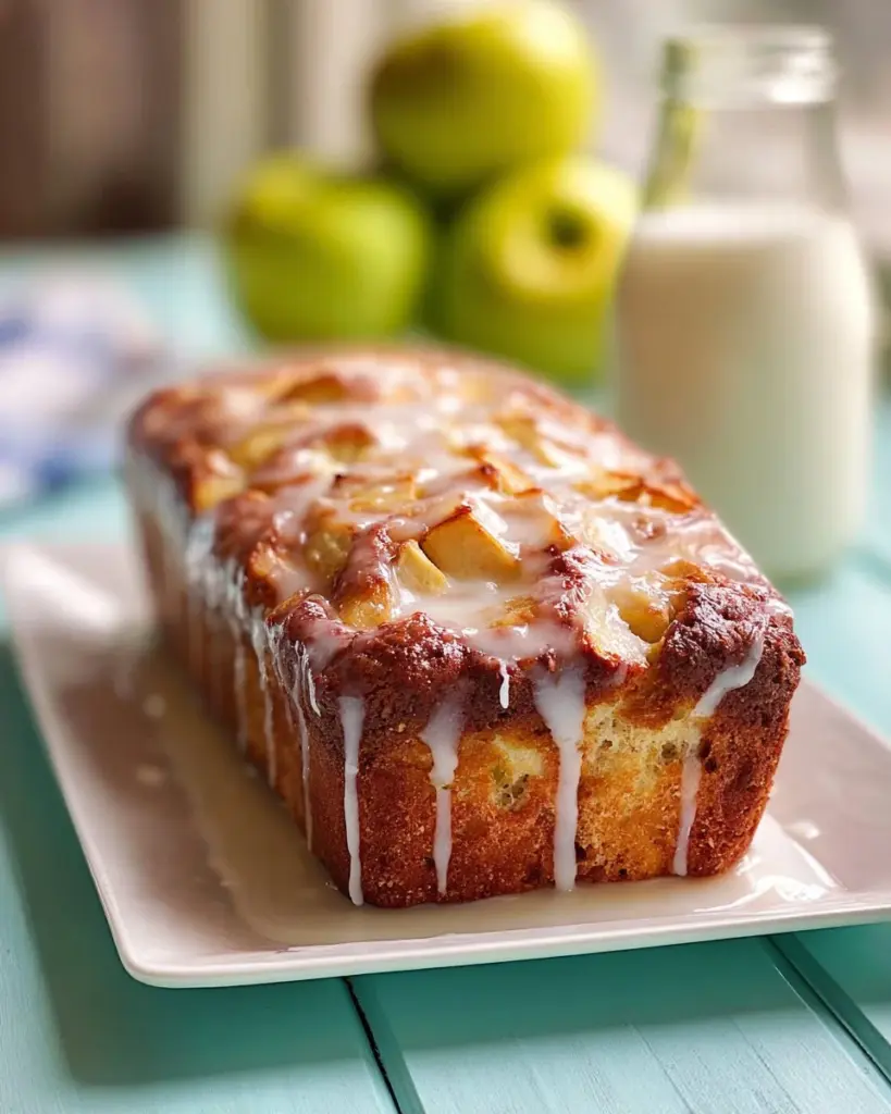 Loaf of Country Apple Fritter Bread with a glaze and apple slices
