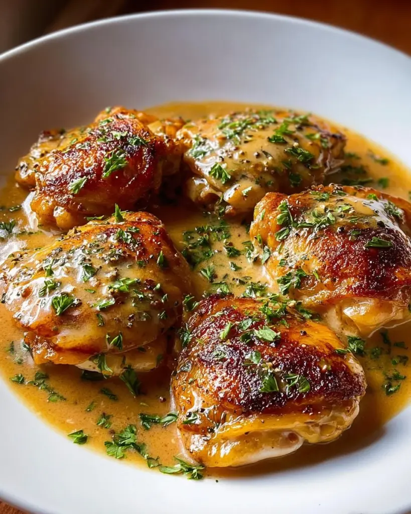 Creamy chicken thighs served with vegetables and herbs