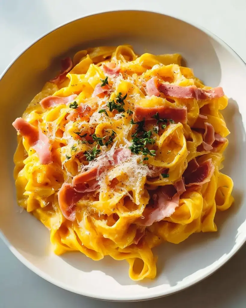 Creamy pumpkin alfredo pasta topped with crispy prosciutto on a plate
