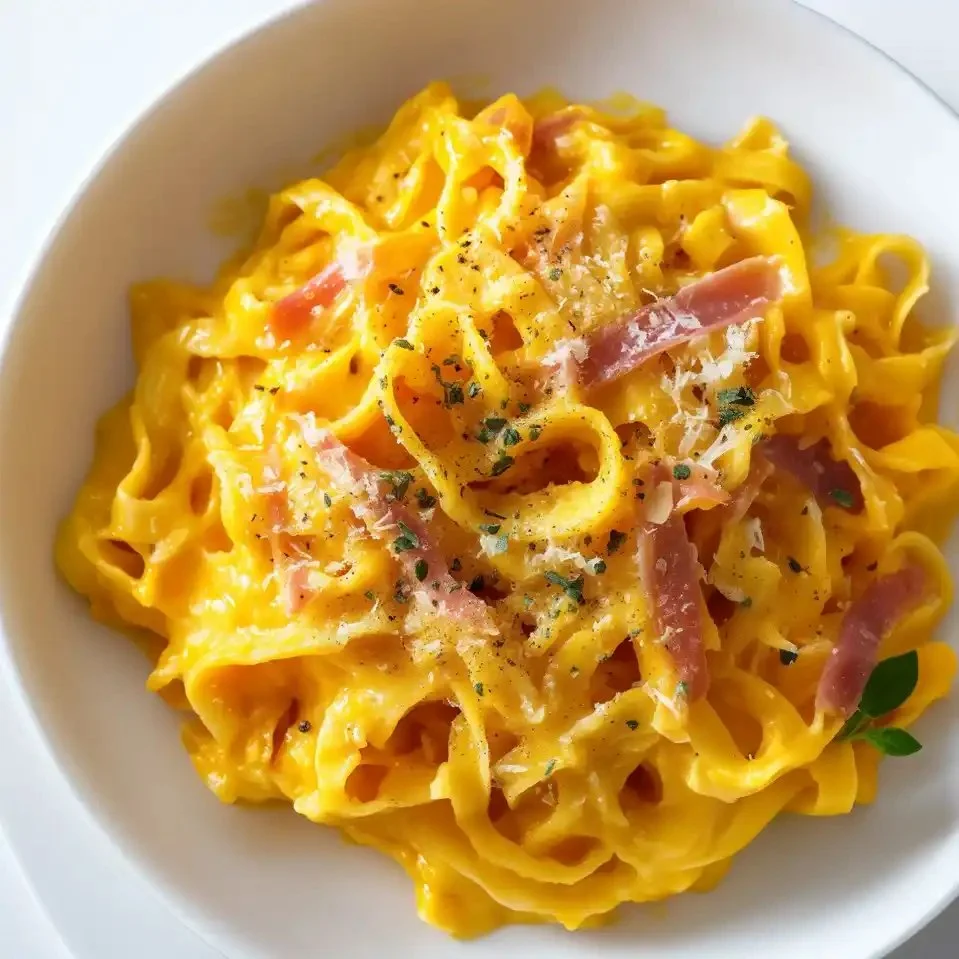 Creamy Pumpkin Alfredo Pasta garnished with crispy prosciutto and herbs.