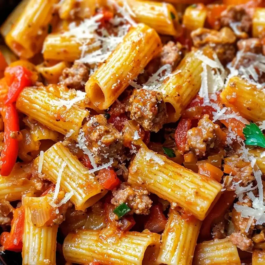 Creamy sausage and peppers pasta served in a bowl with fresh herbs.