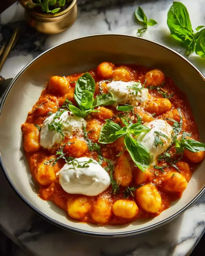 Creamy tomato gnocchi topped with fresh burrata cheese