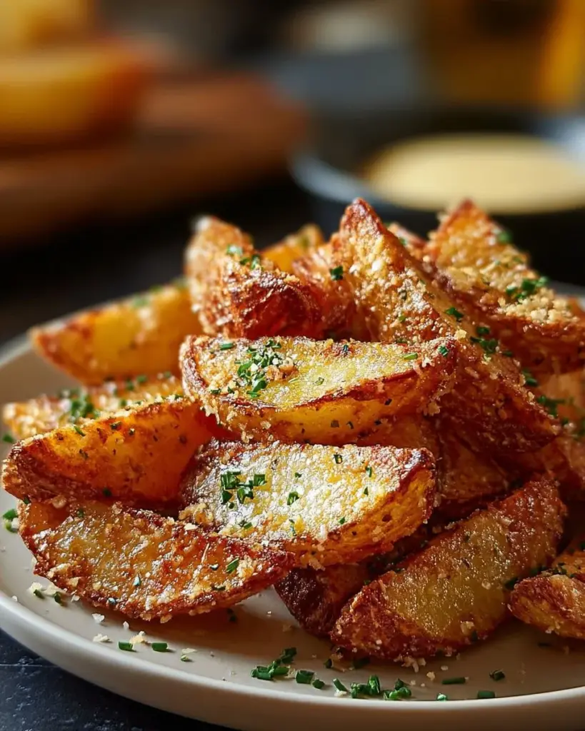 Plate of crispy crunchy Parmesan potatoes garnished with herbs