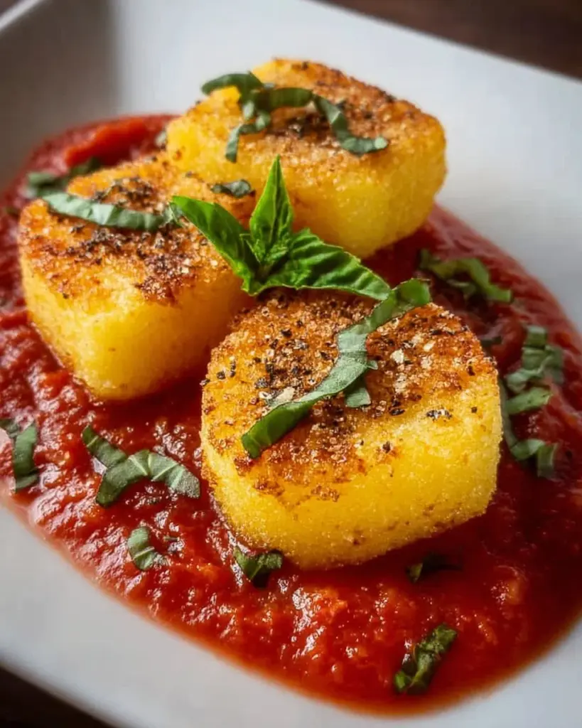 Plate of crispy fried polenta served with marinara sauce