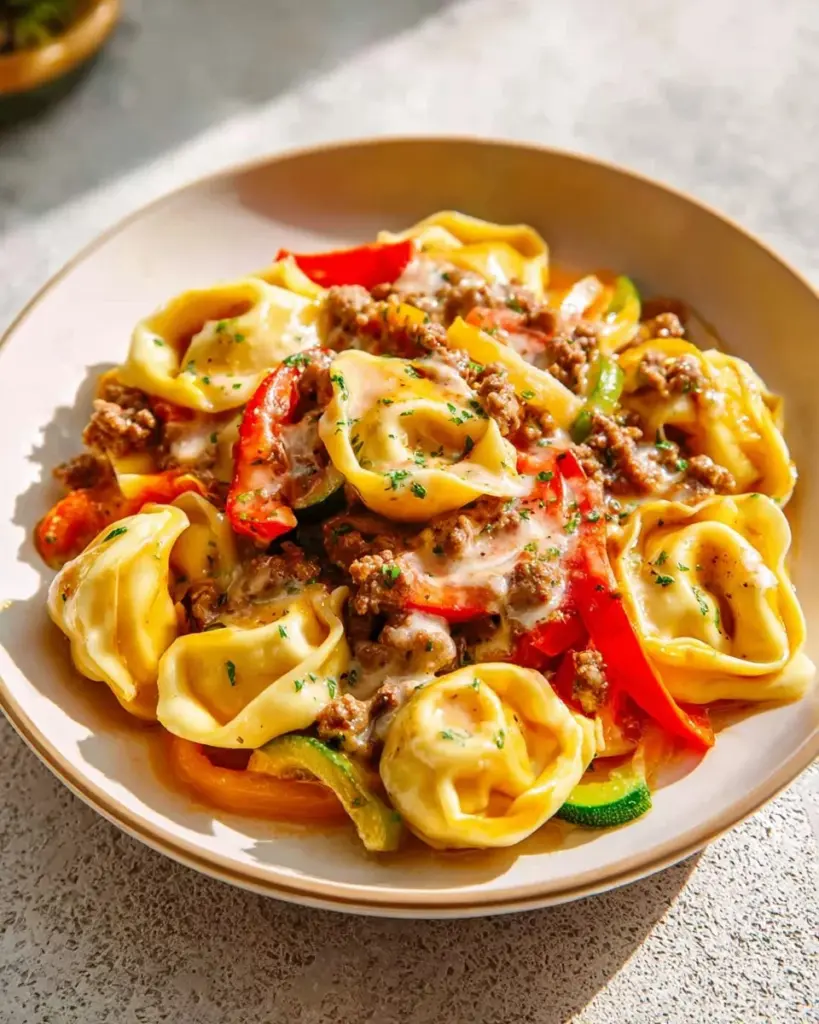 Delicious Crock Pot Cheesesteak Tortellini served in a bowl