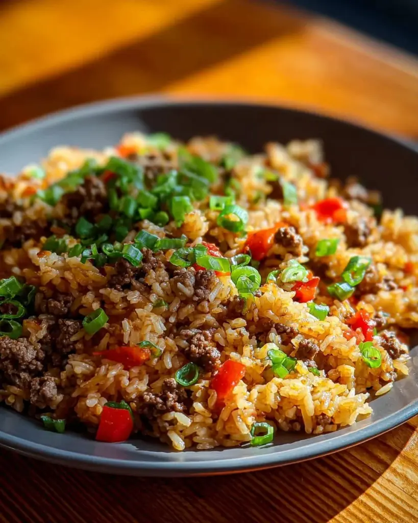 Delicious plate of dirty rice with ground beef, showcasing rich flavors and spices.