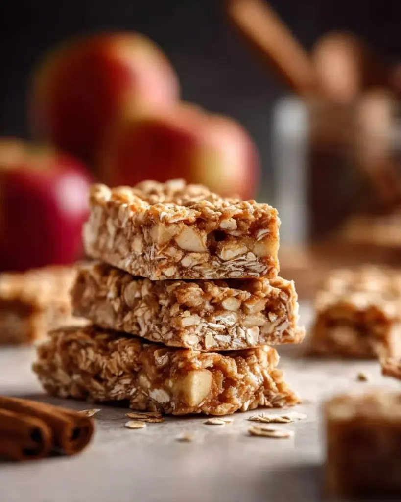 Homemade apple cinnamon breakfast bars on a wooden table.