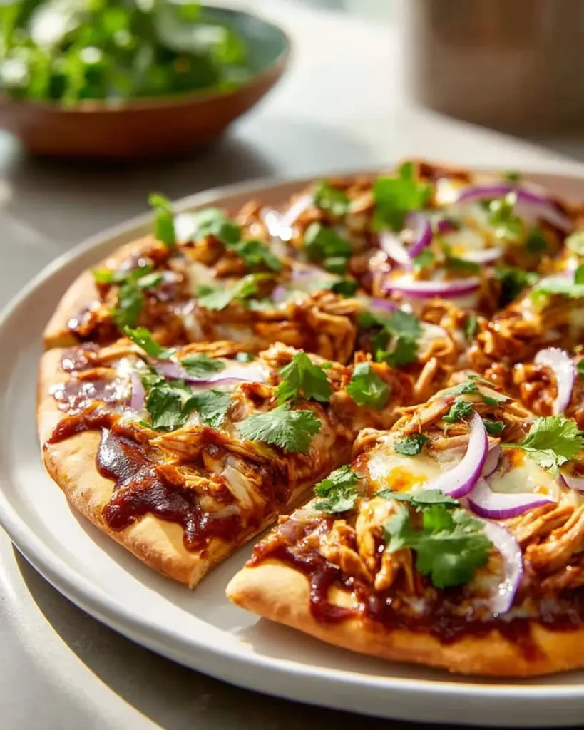 Easy BBQ chicken flatbread topped with fresh ingredients for a tasty meal