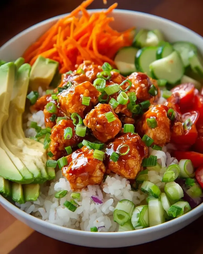Healthy and delicious Easy Buffalo Chicken Bowl with chicken, rice, and vegetables.