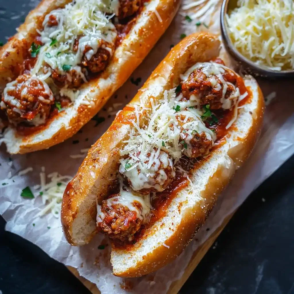 Delicious easy cheesy meatball subs topped with melted cheese and marinara sauce