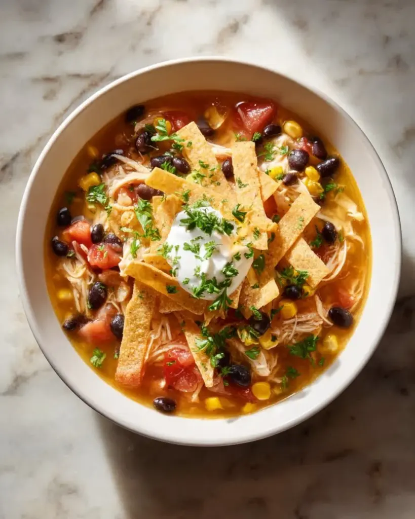 Bowl of easy chicken tortilla soup topped with tortilla strips and avocado