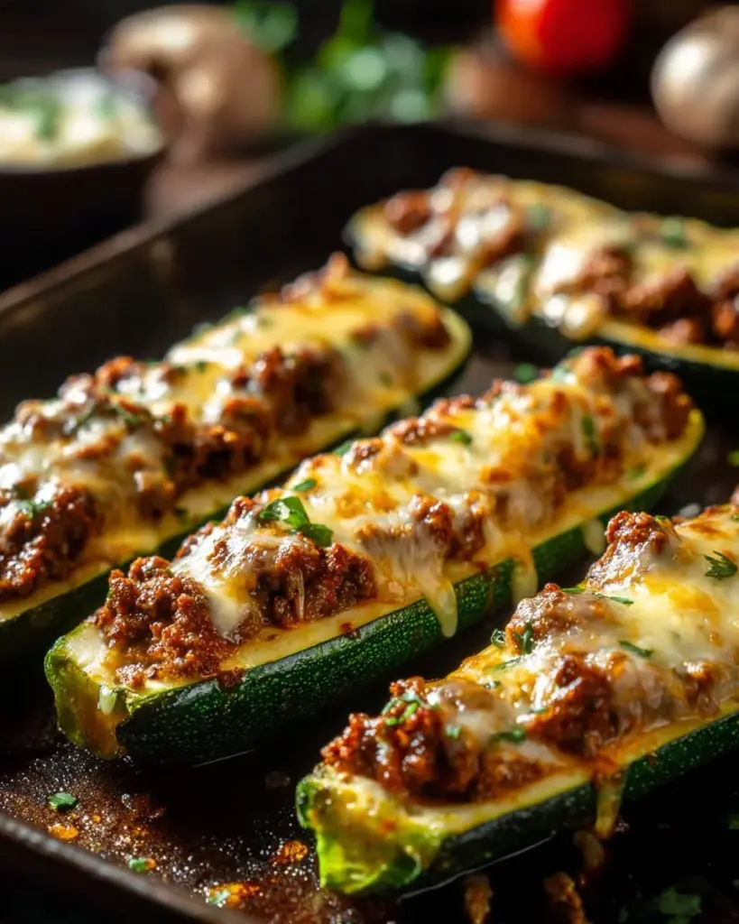 Easy ground beef zucchini boats freshly baked and garnished.