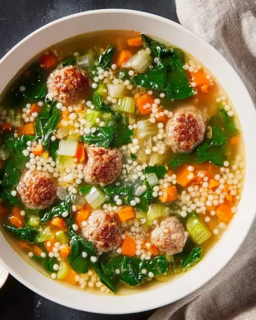 Bowl of easy Italian Wedding Soup with meatballs and greens