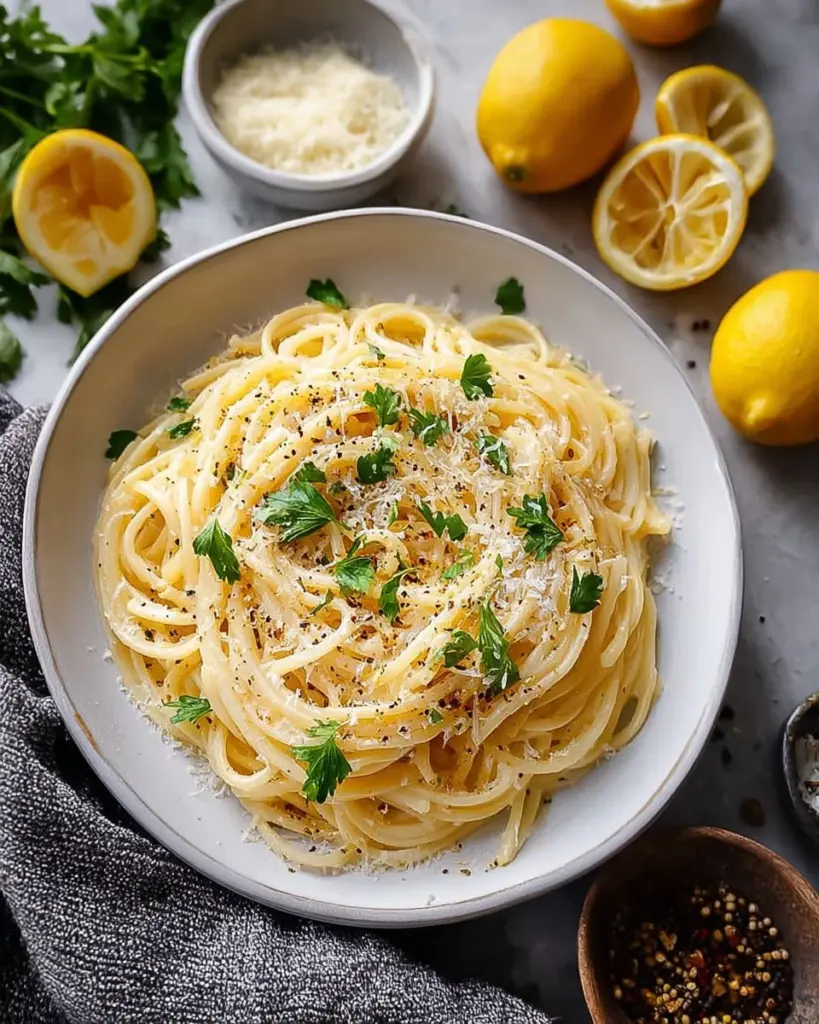 Plate of easy lemon butter linguine garnished with fresh parsley