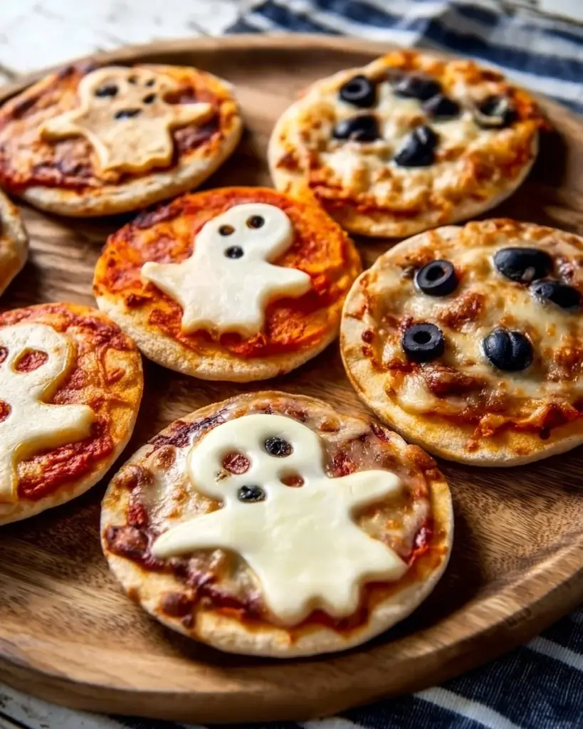Delicious mini Halloween pizzas decorated for a spooky celebration