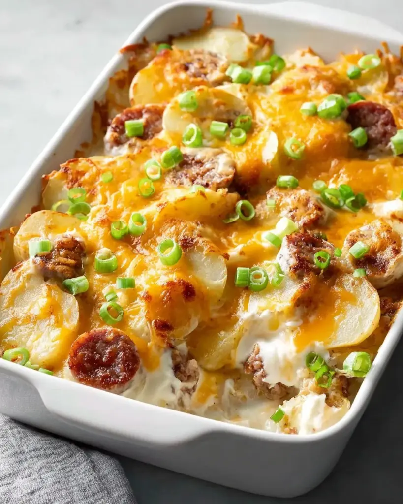 Easy pierogi casserole with sausage served in a baking dish