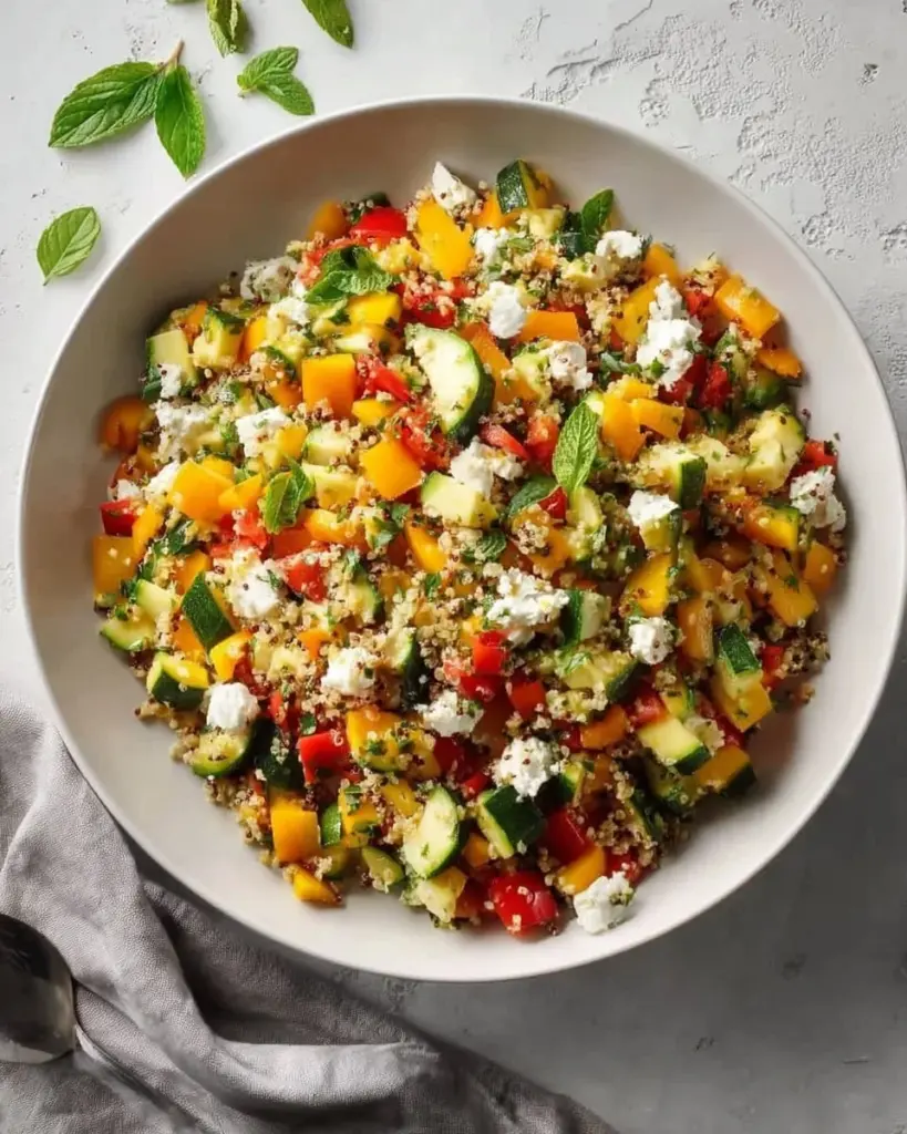 Bowl of easy quinoa salad with roasted vegetables and fresh herbs