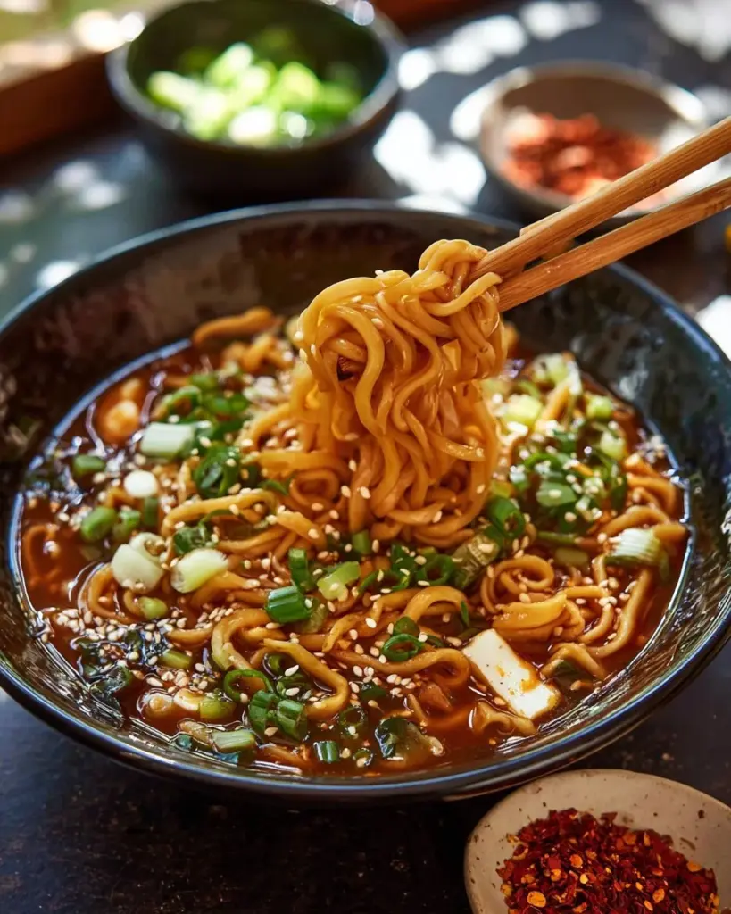 Bowl of easy saucy ramen noodles garnished with vegetables and sesame seeds
