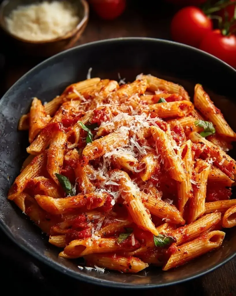 Plate of Easy Spicy Arrabbiata Pasta garnished with fresh basil