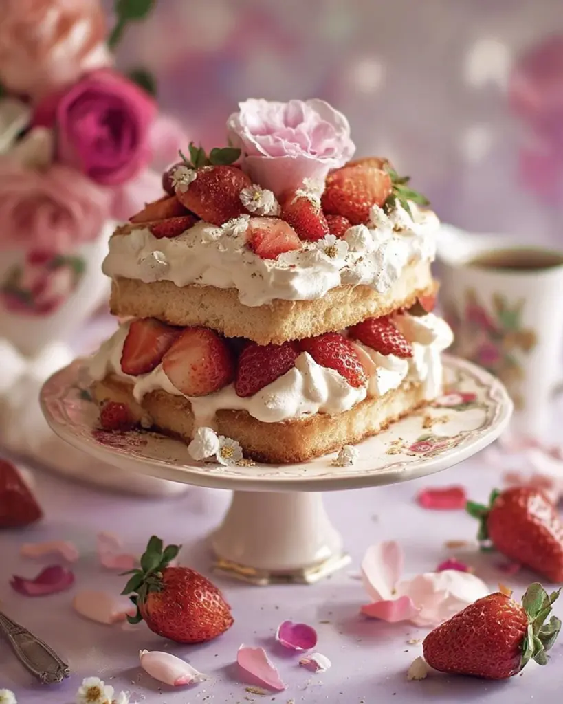 Easy strawberry shortcake topped with fresh strawberries and whipped cream