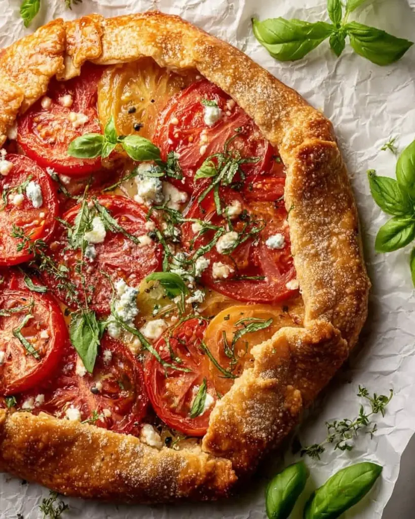 Easy Tomato Basil Galette with Goat Cheese on a baking tray.