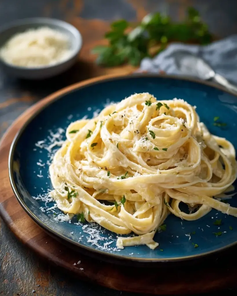 Creamy Fettuccine Alfredo pasta garnished with parsley and served in a bowl