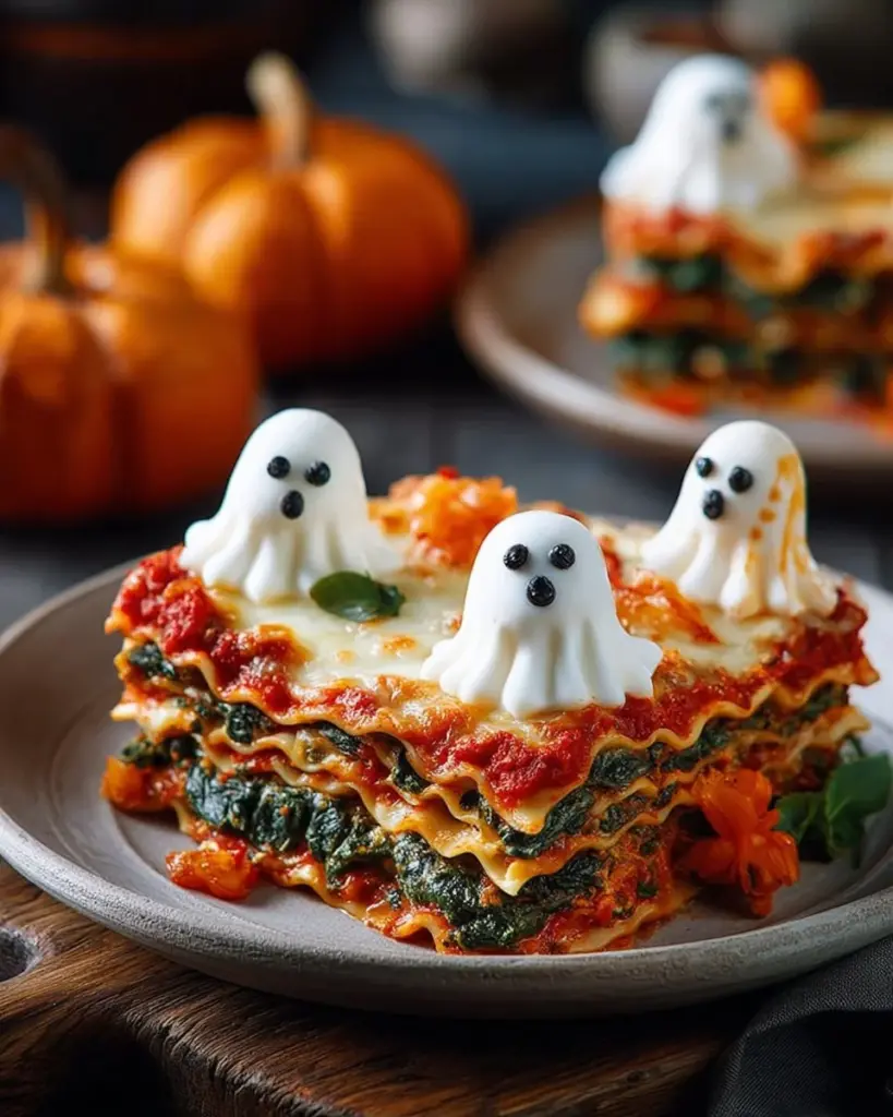 Delicious Ghostly Lasagna served on a spooky-themed plate