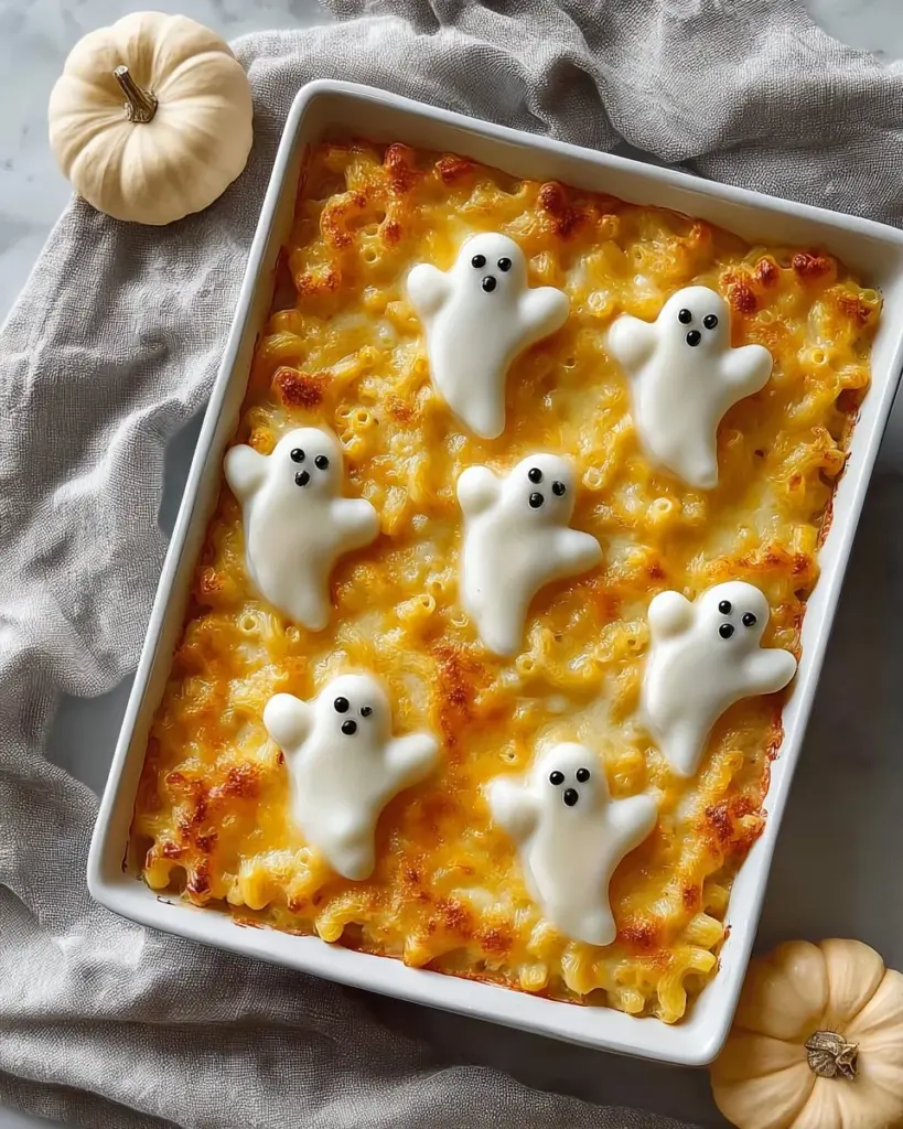 Bowl of ghoul-gheroni and cheese with spooky decorations for Halloween.