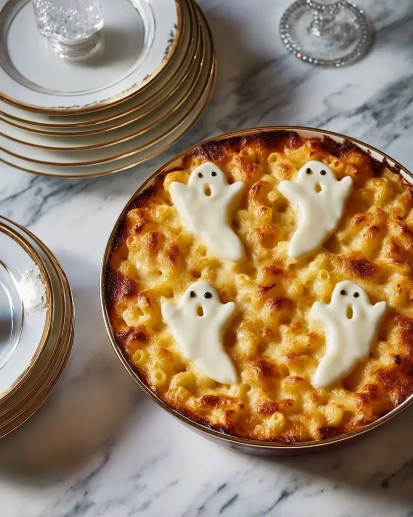 Delicious Ghoul-Gheroni and Cheese dish served in a festive Halloween setting.