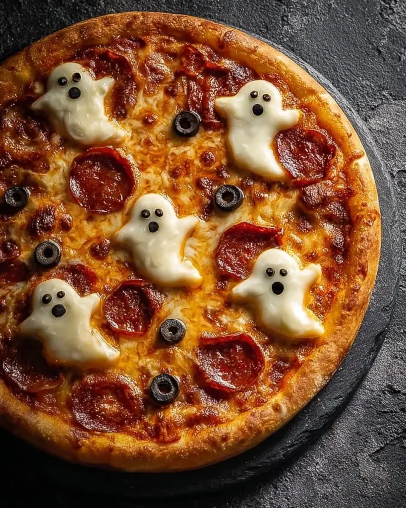 Halloween Ghost Pizza with spooky toppings for a festive celebration