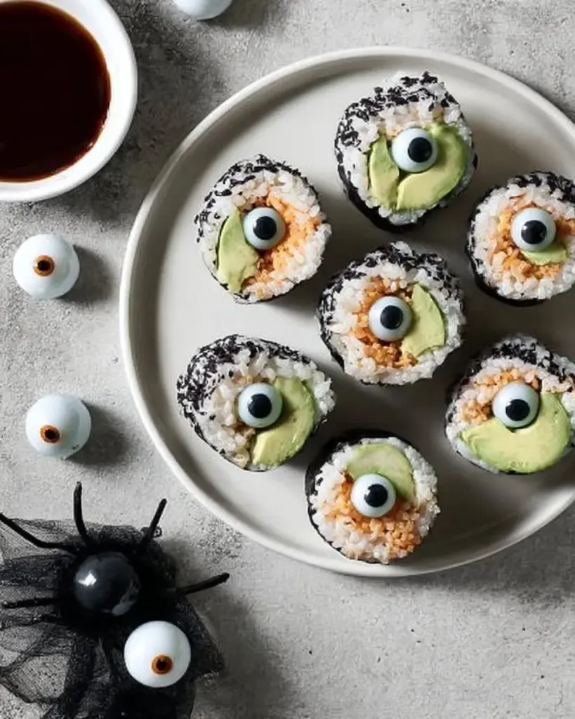 Spooky Halloween sushi featuring creative designs and festive colors.