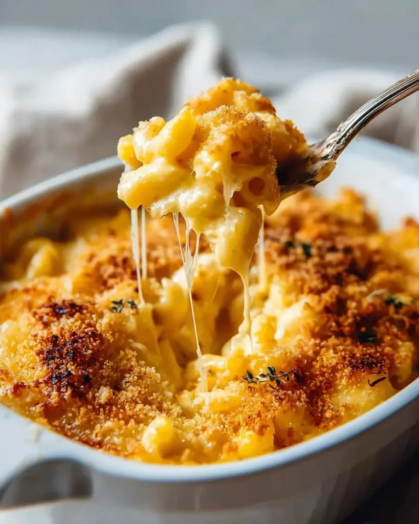Healthy baked mac and cheese dish topped with breadcrumbs and fresh herbs