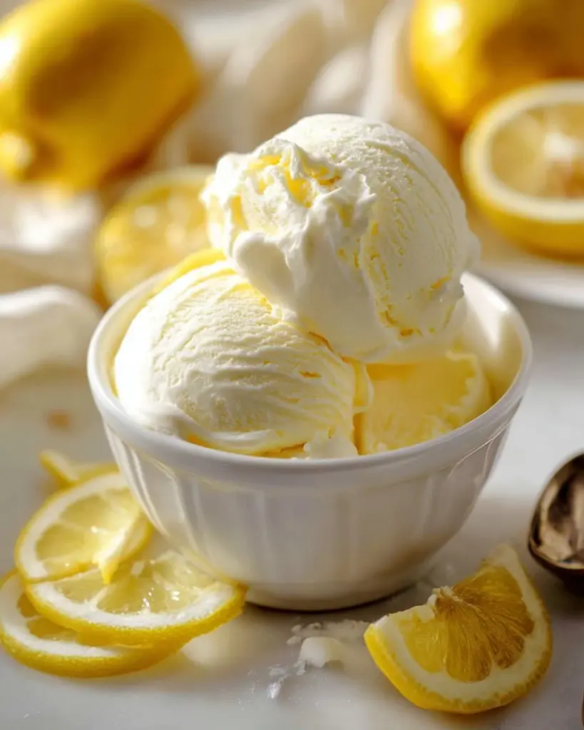 Delicious homemade lemon frozen yogurt served in a bowl with fresh lemon slices