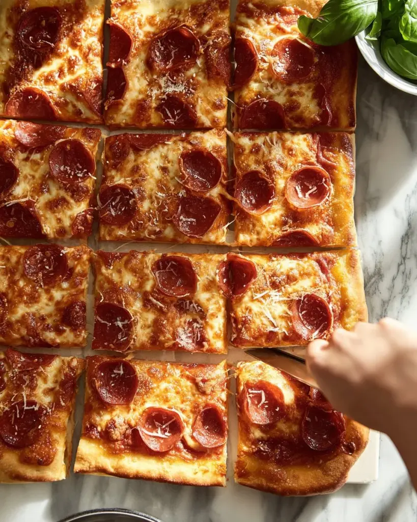 Homemade sheet pan pizza with vibrant toppings ready to serve.