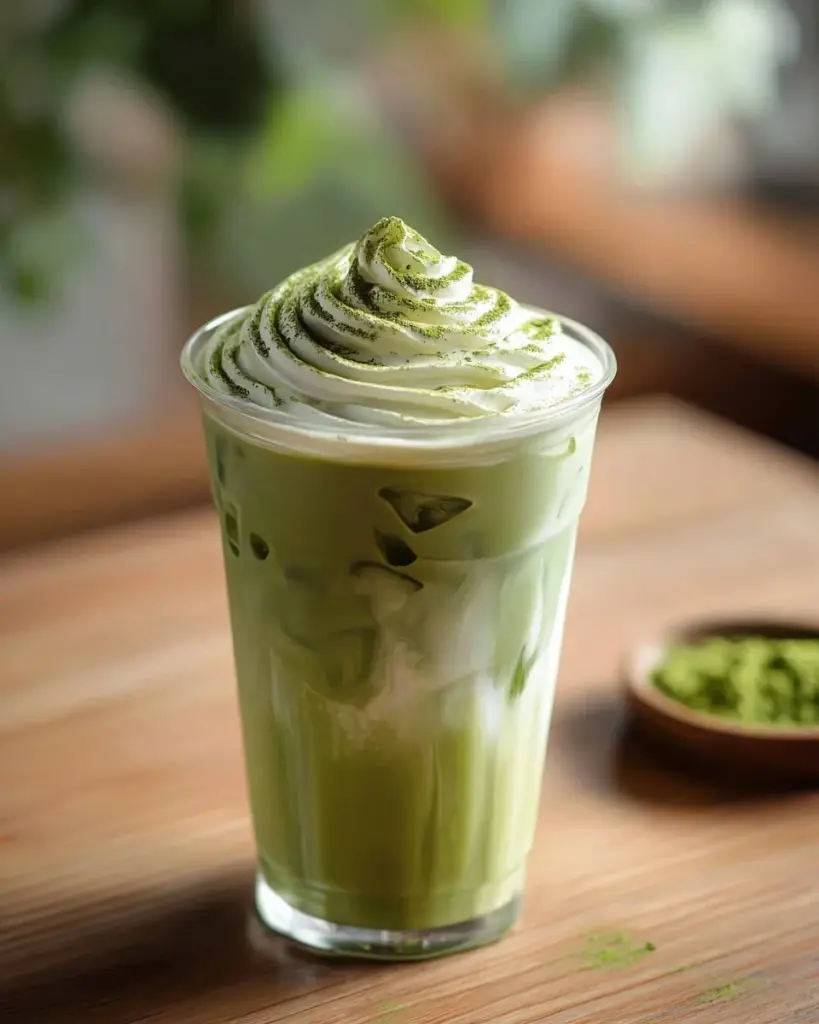 Refreshing Iced Matcha Latte with creamy milk and vibrant green tea.