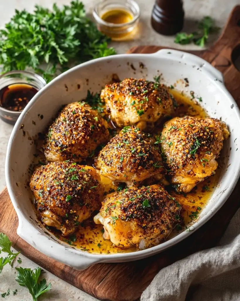 Juicy oven-baked chicken thighs on a plate garnished with herbs