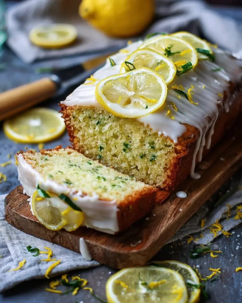 Delicious Lemon Zucchini Cake topped with lemon glaze on a plate
