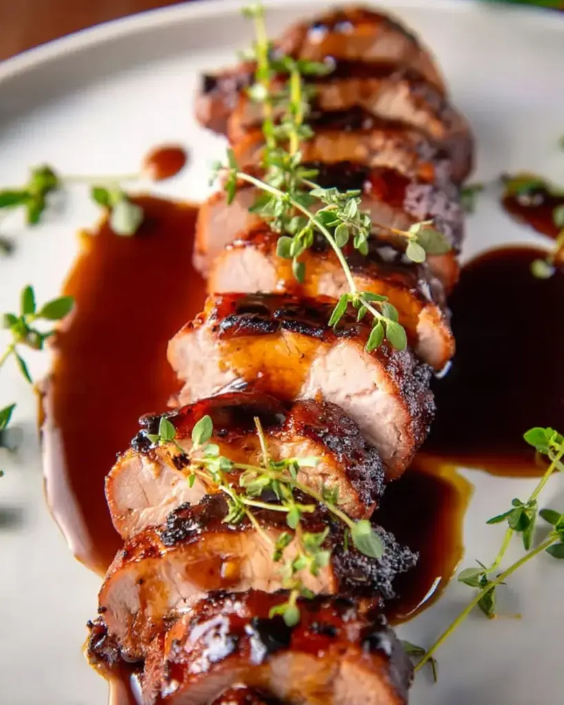 Maple bourbon glazed pork tenderloin plated with garnish