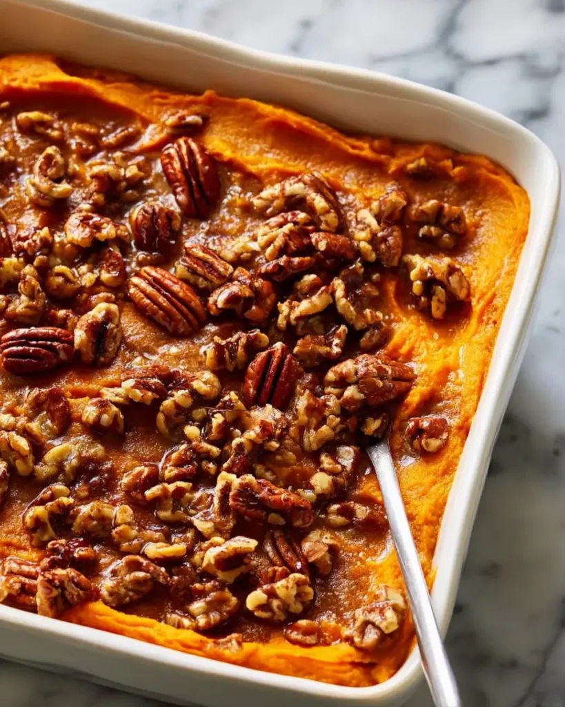 Maple Pecan Sweet Potato Casserole topped with pecans and maple syrup