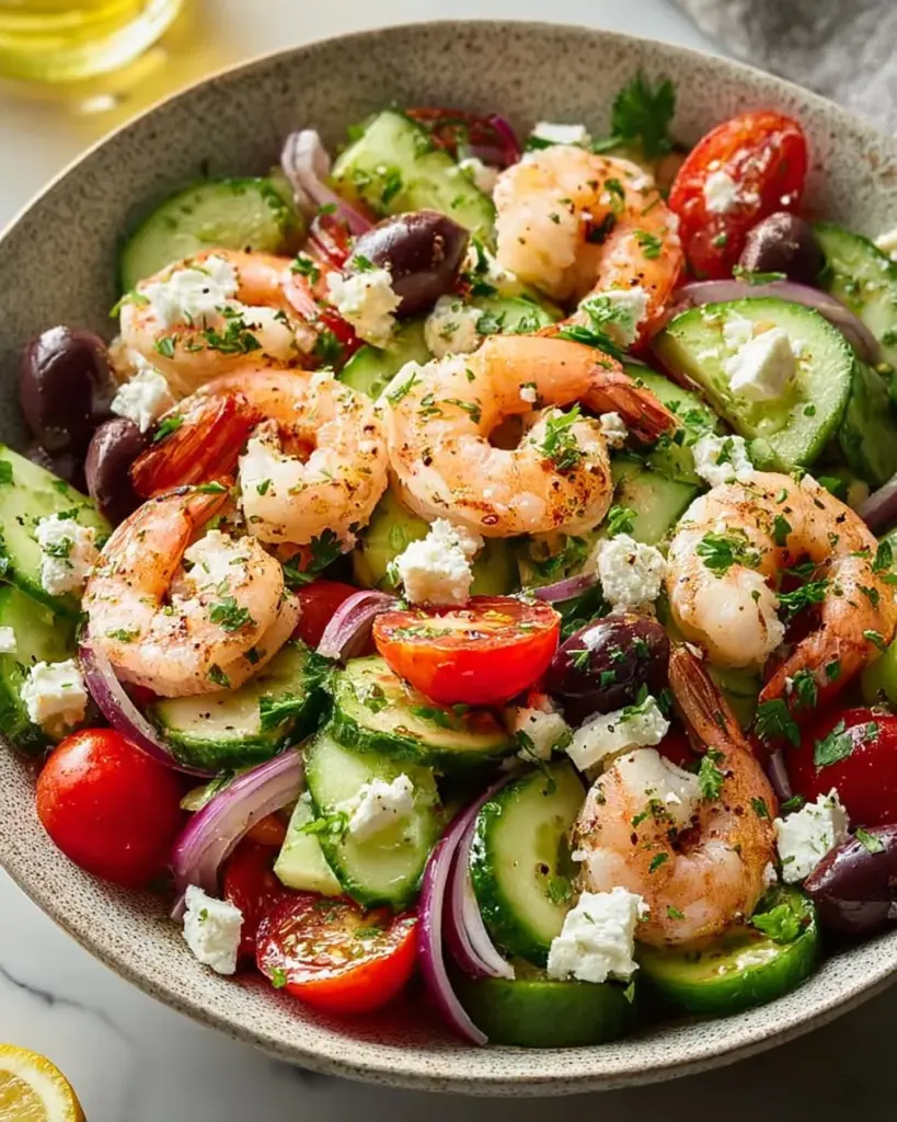 Mediterranean shrimp and avocado salad served in a bowl