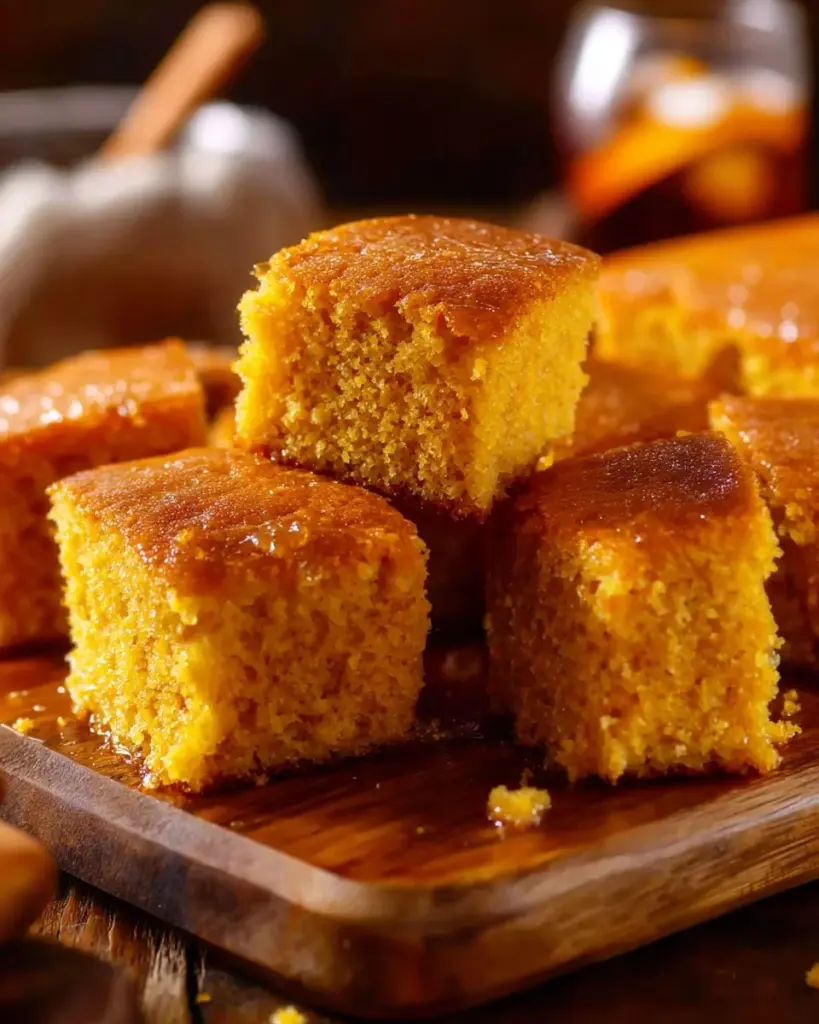 Moist and fluffy sweet potato cornbread slice on a wooden plate