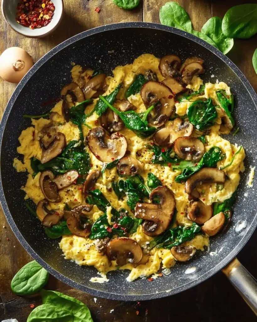 Delicious Mushroom Spinach Scrambled Eggs on a plate with fresh herbs.